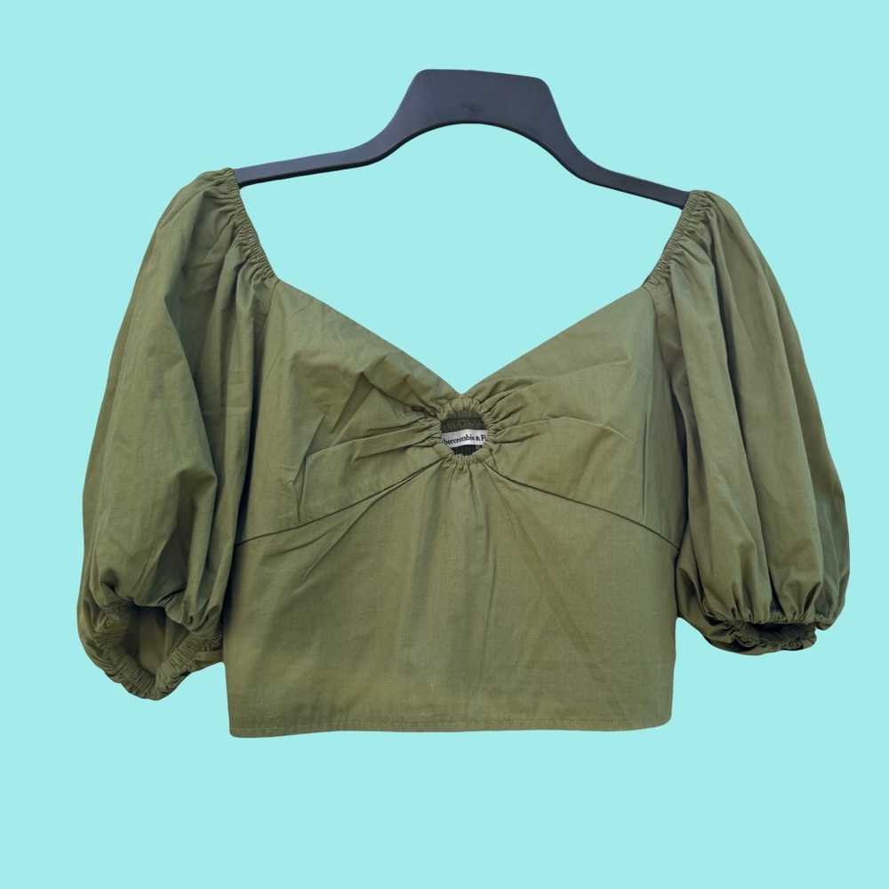 Abercrombie & Fitch Green Puff Sleeve Crop Blouse